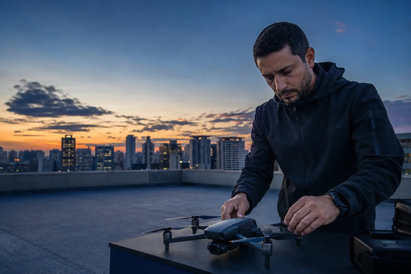 Piloto profissional preparando um drone para operação em São Paulo