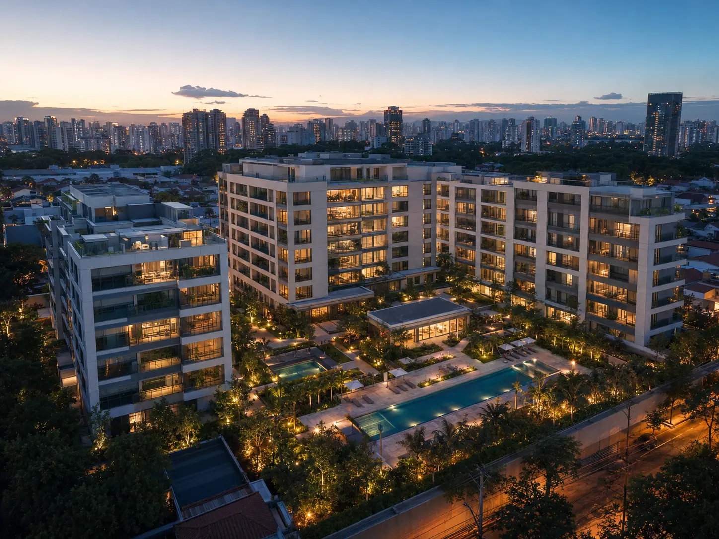 Vista aérea de condomínio residencial contemporâneo ao entardecer