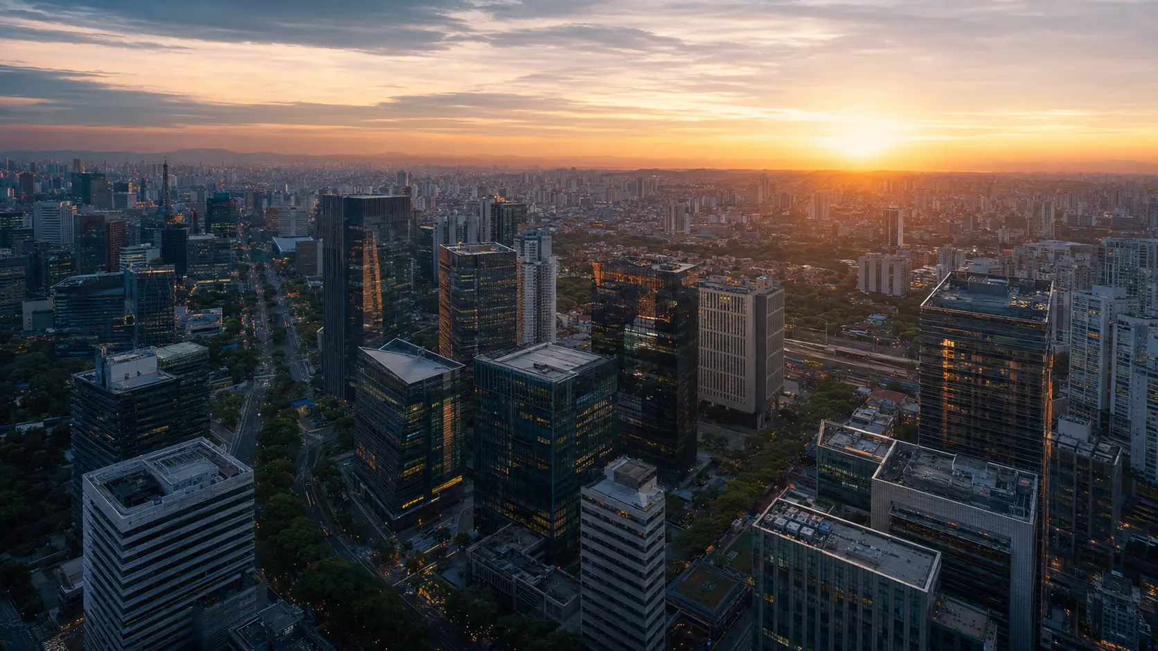 Vista aérea cinematográfica do horizonte de São Paulo ao pôr do sol