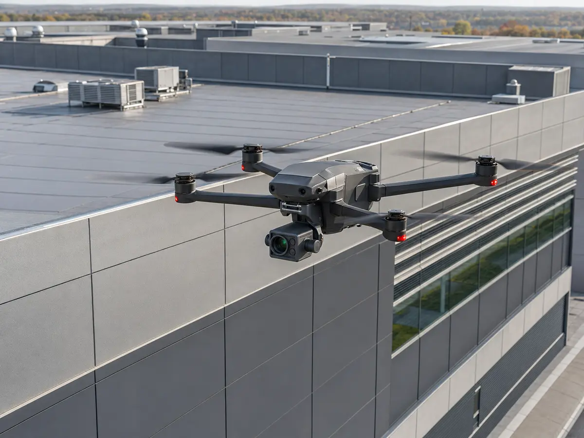 Drone realizando inspeção técnica em uma cobertura comercial