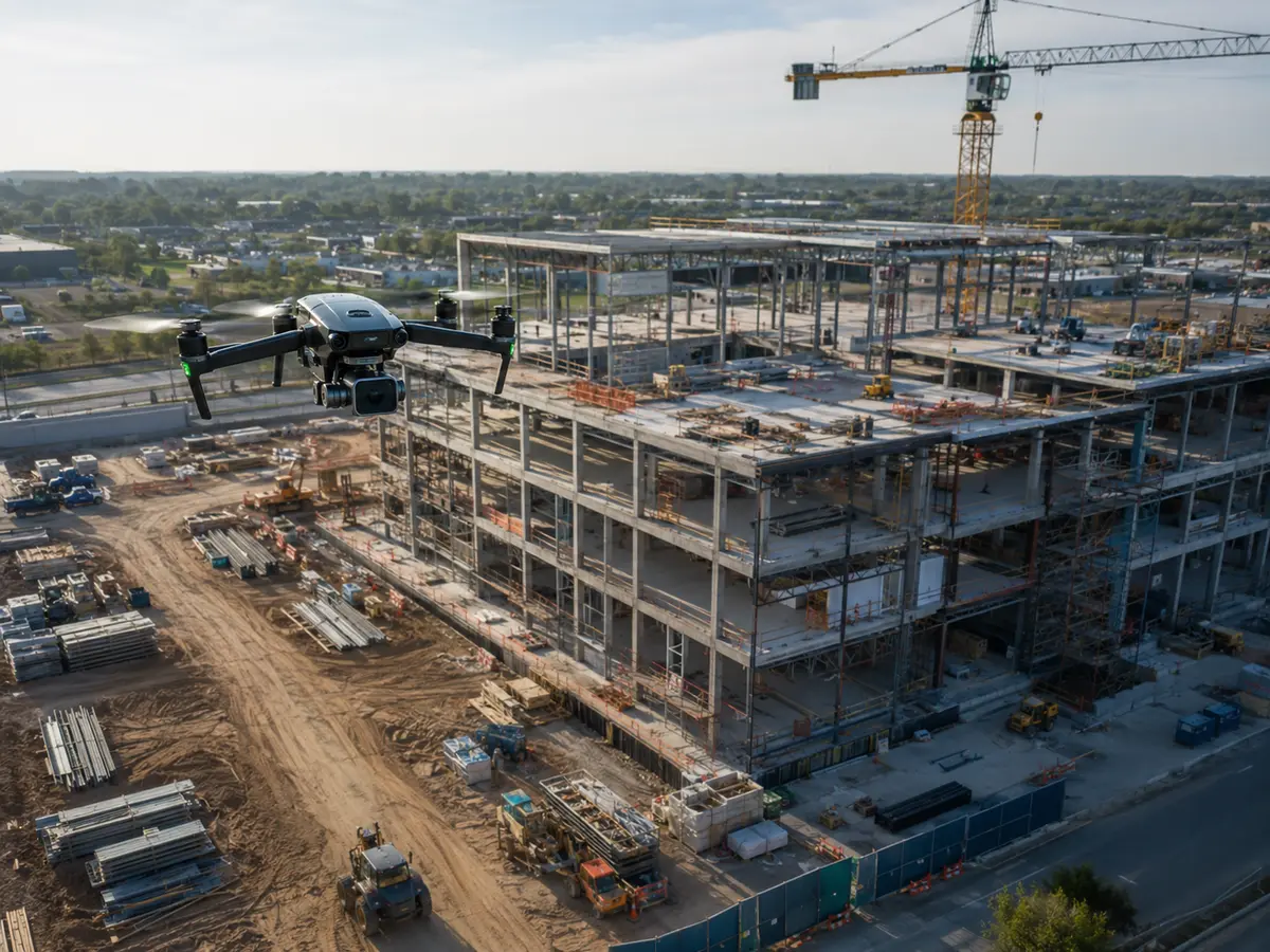 Drone acompanhando o progresso de uma obra com guindaste